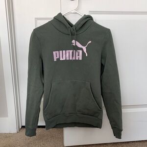 PUMA Women's Olive Green Hoodie with Pink Logo Size Medium